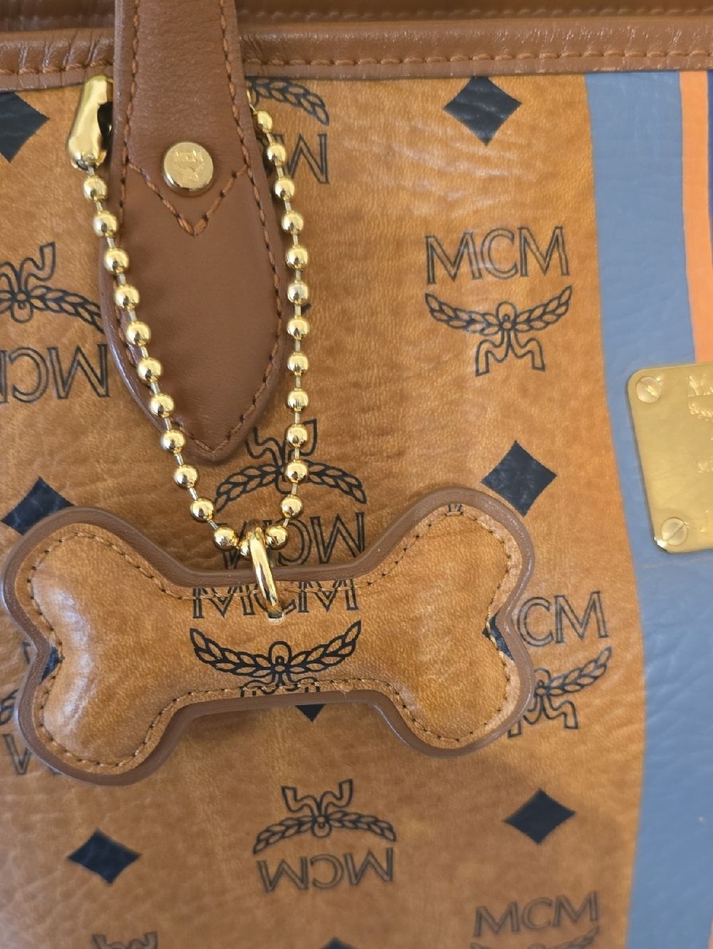 MCM Cognac Visetos Monogram Tote Bag Canvas Shoulder Bag Dog Bone Charm - Picture 12 of 13